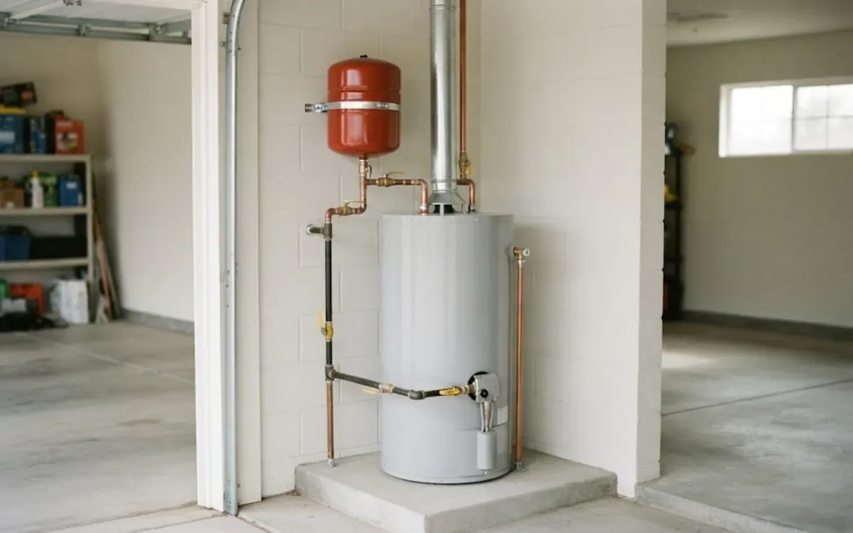 New tank water heater with expansion tank installed in a garage